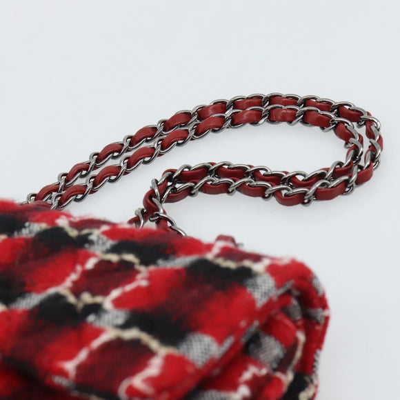 CHANEL Matelasse25 Double Flap Chain Bag Tweed Red Silver CC Auth 187053SAM