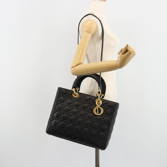 Christian Dior Lady Dior Canage Bag Lamb Skin 2way Black Gold Auth 187084SAM