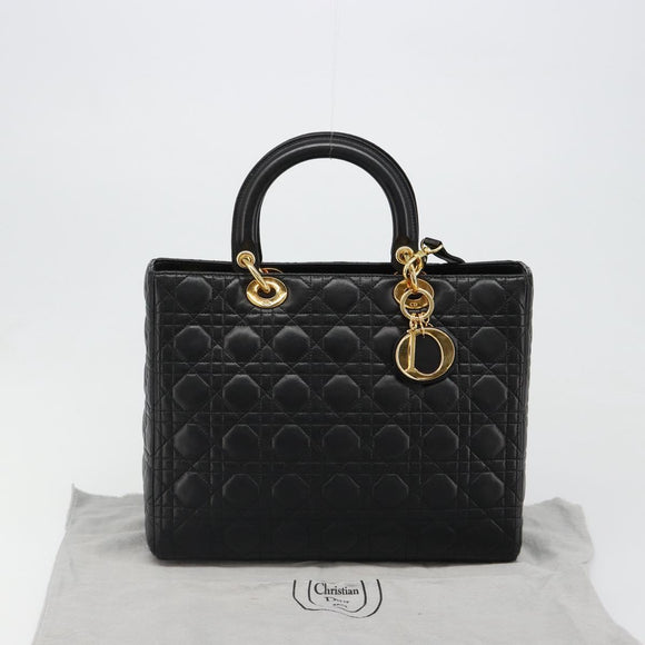 Christian Dior Lady Dior Canage Bag Lamb Skin 2way Black Gold Auth 187084SAM