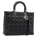 Christian Dior Lady Dior Canage Bag Lamb Skin 2way Black Silver Auth 187086SAM-1