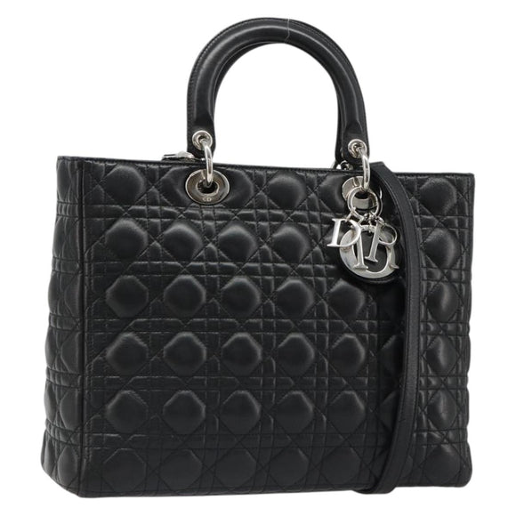 Christian Dior Lady Dior Canage Bag Lamb Skin 2way Black Silver Auth 187086SAM