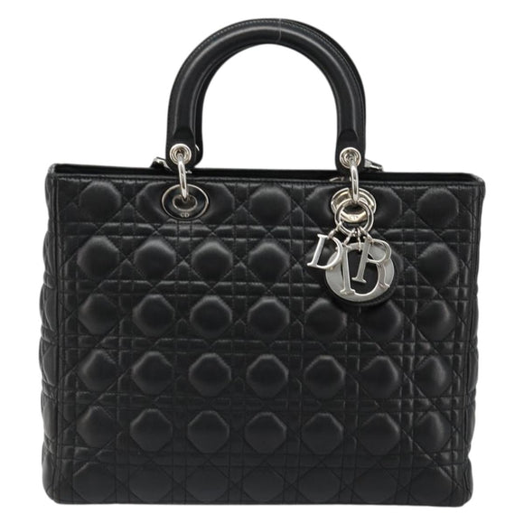 Christian Dior Lady Dior Canage Bag Lamb Skin 2way Black Silver Auth 187086SAM