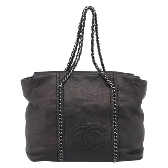 CHANEL Luxury Line Chain Tote Bag Leather Brown Silver CC Auth 187088SAV