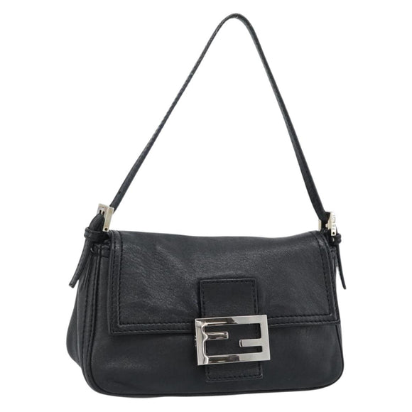 FENDI Mamma Baguette Shoulder Bag Leather Black Silver Auth 187091SAM