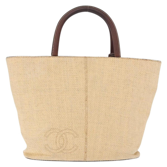 CHANEL Tote Bag Raffia Beige Gold CC Auth 187096