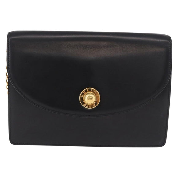 CELINE Chain Shoulder Bag Leather Black Gold Auth 187098A