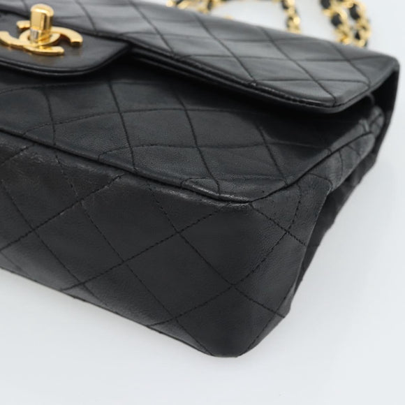 CHANEL Matelasse23 Double Flap Chain Bag Lamb Skin Black Gold CC Auth 187121SAV