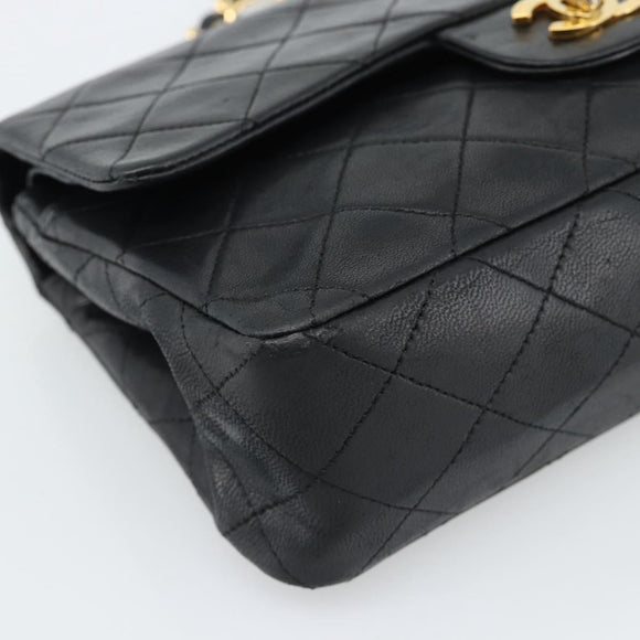 CHANEL Matelasse23 Double Flap Chain Bag Lamb Skin Black Gold CC Auth 187121SAV