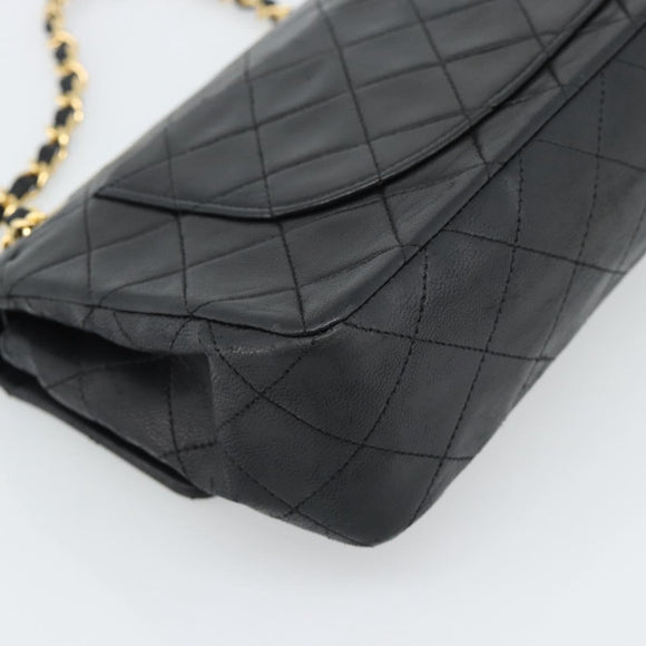 CHANEL Matelasse23 Double Flap Chain Bag Lamb Skin Black Gold CC Auth 187121SAV