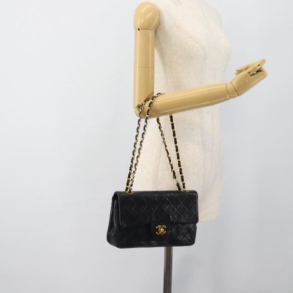 CHANEL Matelasse23 Double Flap Chain Bag Lamb Skin Black Gold CC Auth 187121SAV