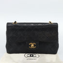 CHANEL Matelasse23 Double Flap Chain Bag Lamb Skin Black Gold CC Auth 187121SAV-23
