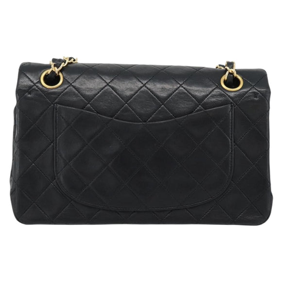 CHANEL Matelasse23 Double Flap Chain Bag Lamb Skin Black Gold CC Auth 187121SAV
