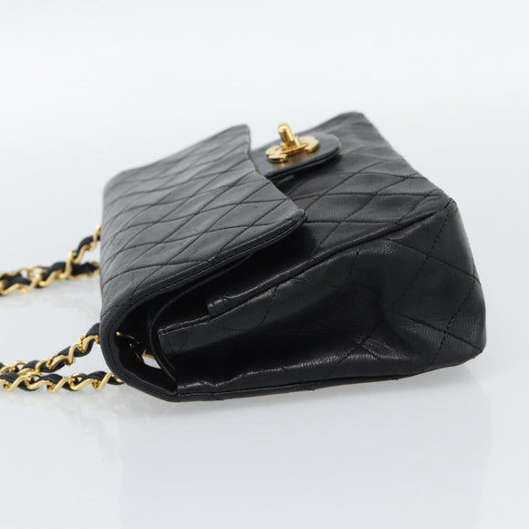 CHANEL Matelasse23 Double Flap Chain Bag Lamb Skin Black Gold CC Auth 187121SAV