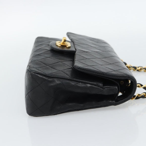 CHANEL Matelasse23 Double Flap Chain Bag Lamb Skin Black Gold CC Auth 187121SAV