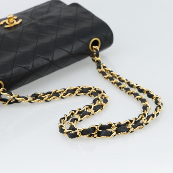 CHANEL Matelasse23 Double Flap Chain Bag Lamb Skin Black Gold CC Auth 187121SAV