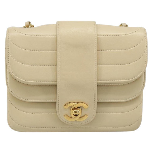 CHANEL Mademoiselle Chain Shoulder Bag Lamb Skin Beige Gold CC Auth 187124SAV