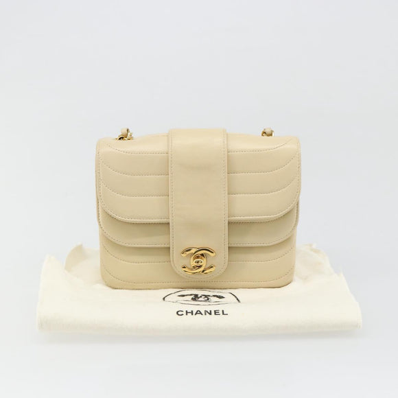 CHANEL Mademoiselle Chain Shoulder Bag Lamb Skin Beige Gold CC Auth 187124SAV
