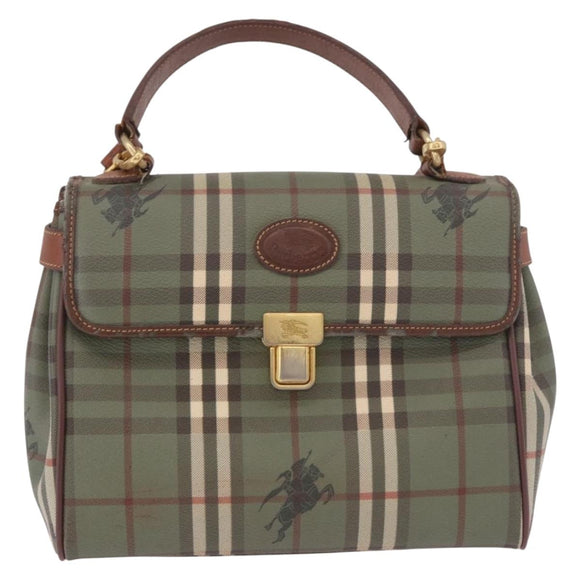 Burberrys Nova Check Hand Bag PVC 2way Green Gold Auth 187139