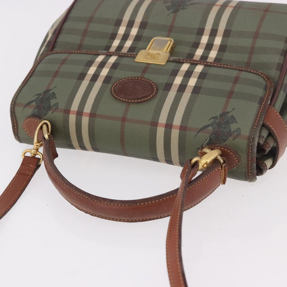 Burberrys Nova Check Hand Bag PVC 2way Green Gold Auth 187139