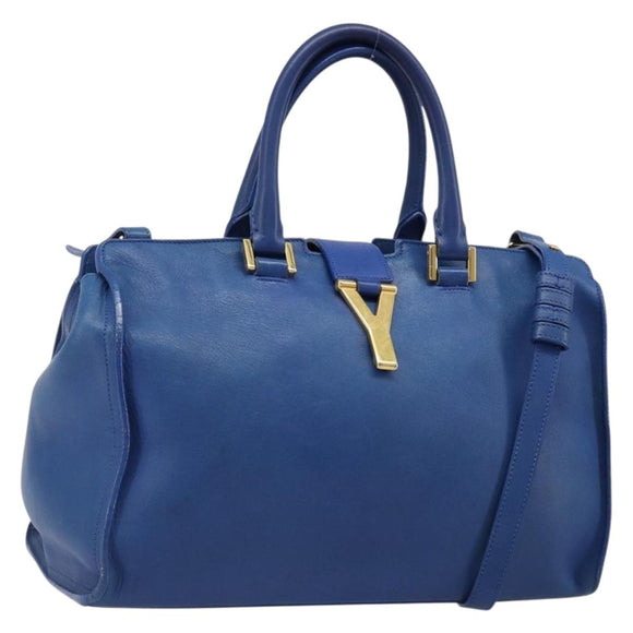 SAINT LAURENT Petit Cabas Hand Bag Leather 2way Blue Gold Auth 187142A