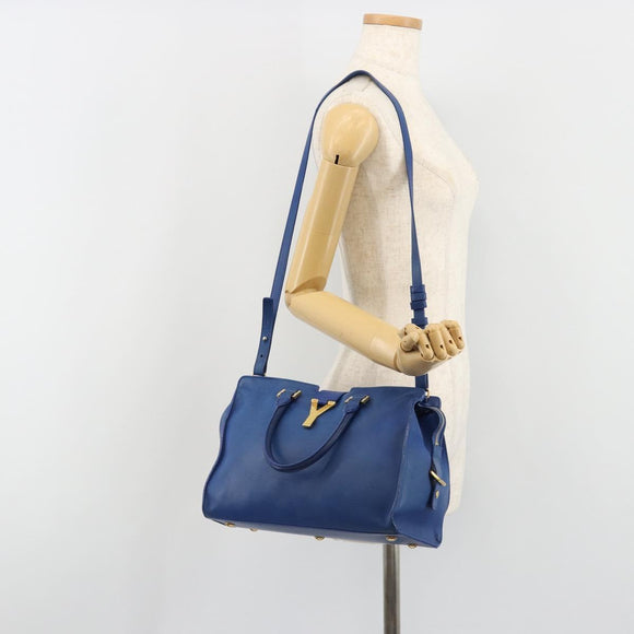 SAINT LAURENT Petit Cabas Hand Bag Leather 2way Blue Gold Auth 187142A