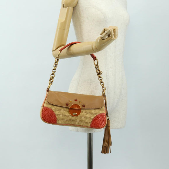 PRADA Chain Shoulder Bag Embossed leather Beige Gold Auth 187155SAV