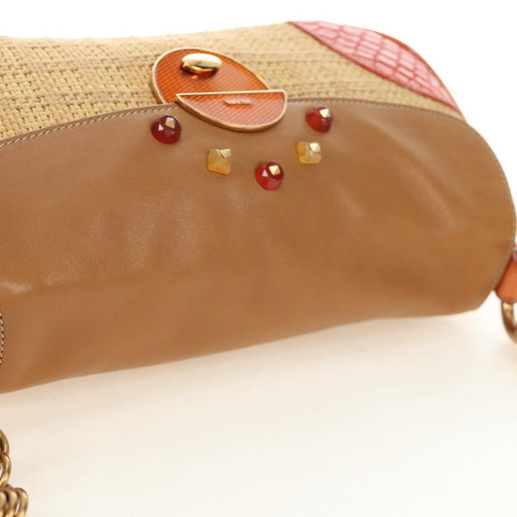 PRADA Chain Shoulder Bag Embossed leather Beige Gold Auth 187155SAV