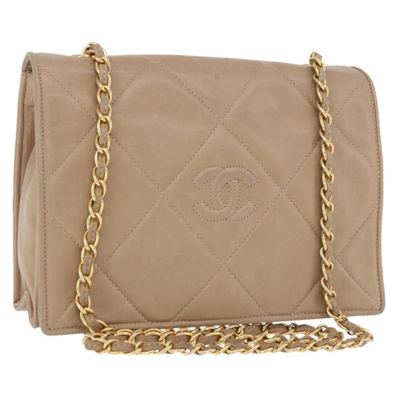 CHANEL Matelasse Chain Shoulder Bag Lamb Skin Beige Gold CC Auth 187157A