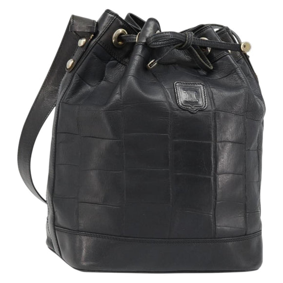 CELINE Purse Shoulder Bag Leather Black Gold Auth 187182