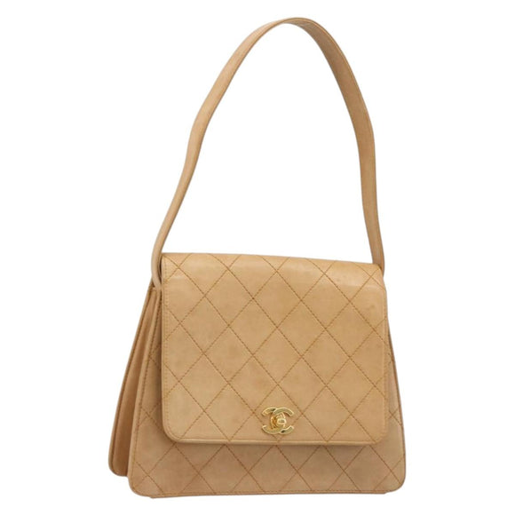 CHANEL Matelasse Shoulder Bag Lamb Skin Beige Gold CC Auth 187187