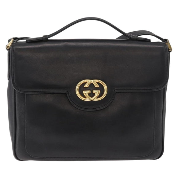GUCCI Shoulder Bag Leather 2way Black Gold Auth 187188