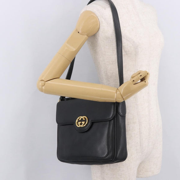 GUCCI Shoulder Bag Leather 2way Black Gold Auth 187188