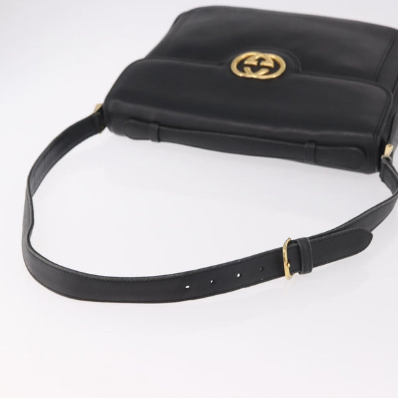 GUCCI Shoulder Bag Leather 2way Black Gold Auth 187188