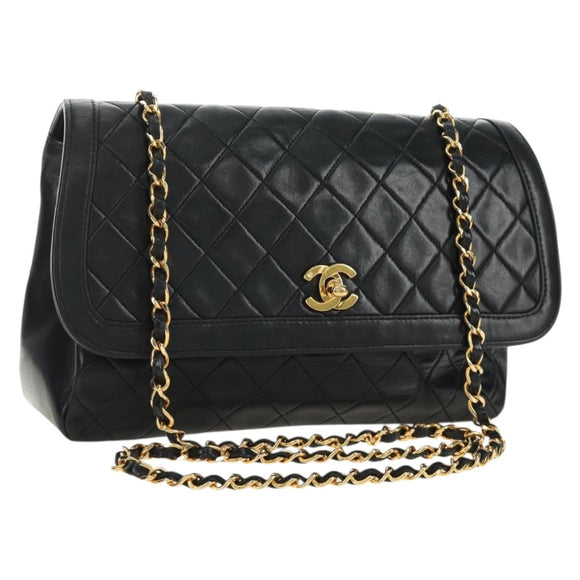 CHANEL Chain Matelasse Shoulder Bag Lamb Skin Black Gold CC Auth 187189SAV