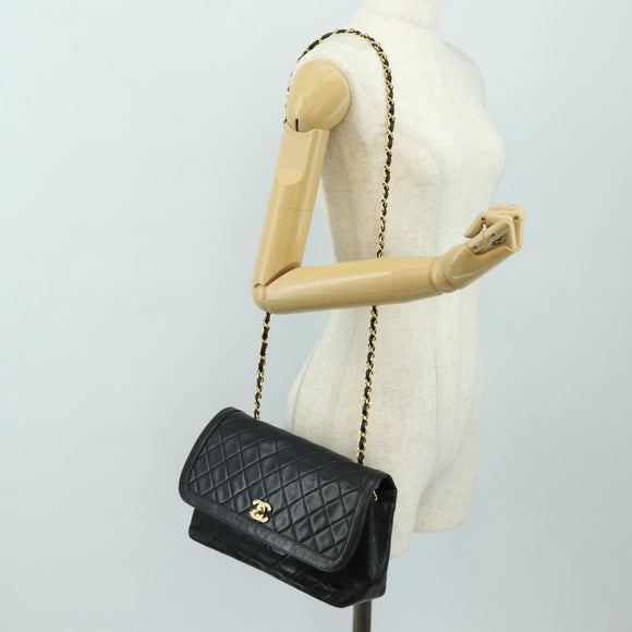 CHANEL Chain Matelasse Shoulder Bag Lamb Skin Black Gold CC Auth 187189SAV