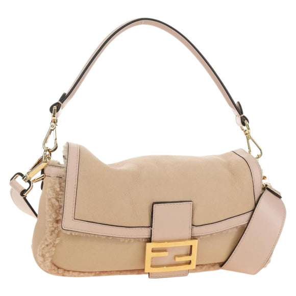 FENDI Mamma Baguette Shoulder Bag Mouton Beige Gold Auth 187191SAV