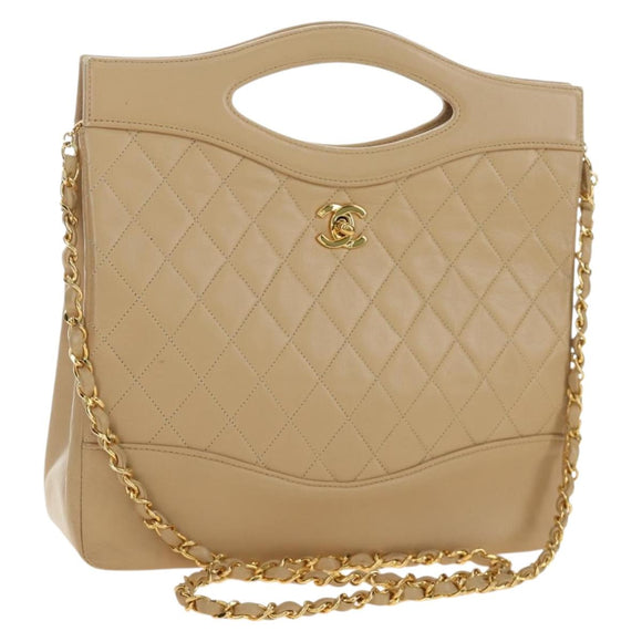 CHANEL Matelasse Chain Shoulder Bag Lamb Skin Beige Gold CC Auth 187192SAV