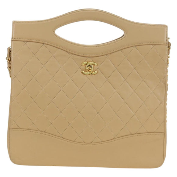CHANEL Matelasse Chain Shoulder Bag Lamb Skin Beige Gold CC Auth 187192SAV