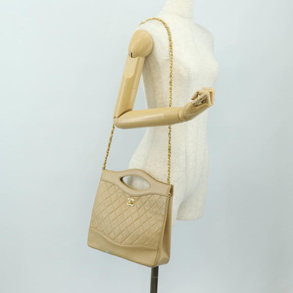 CHANEL Matelasse Chain Shoulder Bag Lamb Skin Beige Gold CC Auth 187192SAV