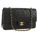 CHANEL Matelasse 25 Double Flap Chain Bag Lamb Skin Gold Black CC Auth 187193SAV-1