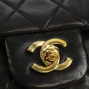 CHANEL Matelasse 25 Double Flap Chain Bag Lamb Skin Gold Black CC Auth 187193SAV-19
