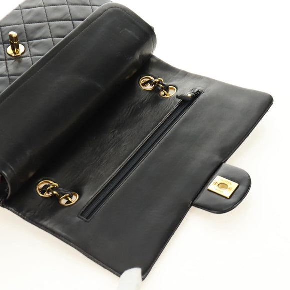 CHANEL Matelasse 25 Double Flap Chain Bag Lamb Skin Gold Black CC Auth 187193SAV