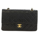 CHANEL Matelasse 25 Double Flap Chain Bag Lamb Skin Gold Black CC Auth 187193SAV-13