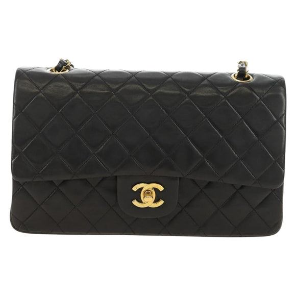 CHANEL Matelasse 25 Double Flap Chain Bag Lamb Skin Gold Black CC Auth 187193SAV