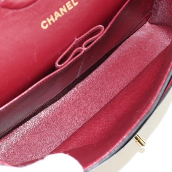 CHANEL Matelasse 25 Double Flap Chain Bag Lamb Skin Gold Black CC Auth 187193SAV