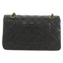 CHANEL Matelasse 25 Double Flap Chain Bag Lamb Skin Gold Black CC Auth 187193SAV-2