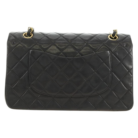 CHANEL Matelasse 25 Double Flap Chain Bag Lamb Skin Gold Black CC Auth 187193SAV