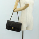 CHANEL Matelasse 25 Double Flap Chain Bag Lamb Skin Gold Black CC Auth 187193SAV-30