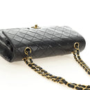 CHANEL Matelasse 25 Double Flap Chain Bag Lamb Skin Gold Black CC Auth 187193SAV-6
