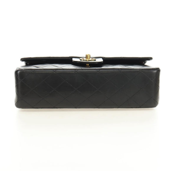 CHANEL Matelasse 25 Double Flap Chain Bag Lamb Skin Gold Black CC Auth 187193SAV